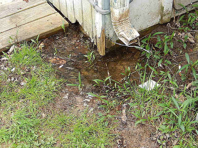 Bad soil grade, missing downspout extension