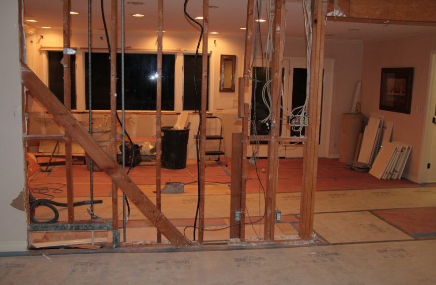 Exposed wood framing of a house under extensive renovation