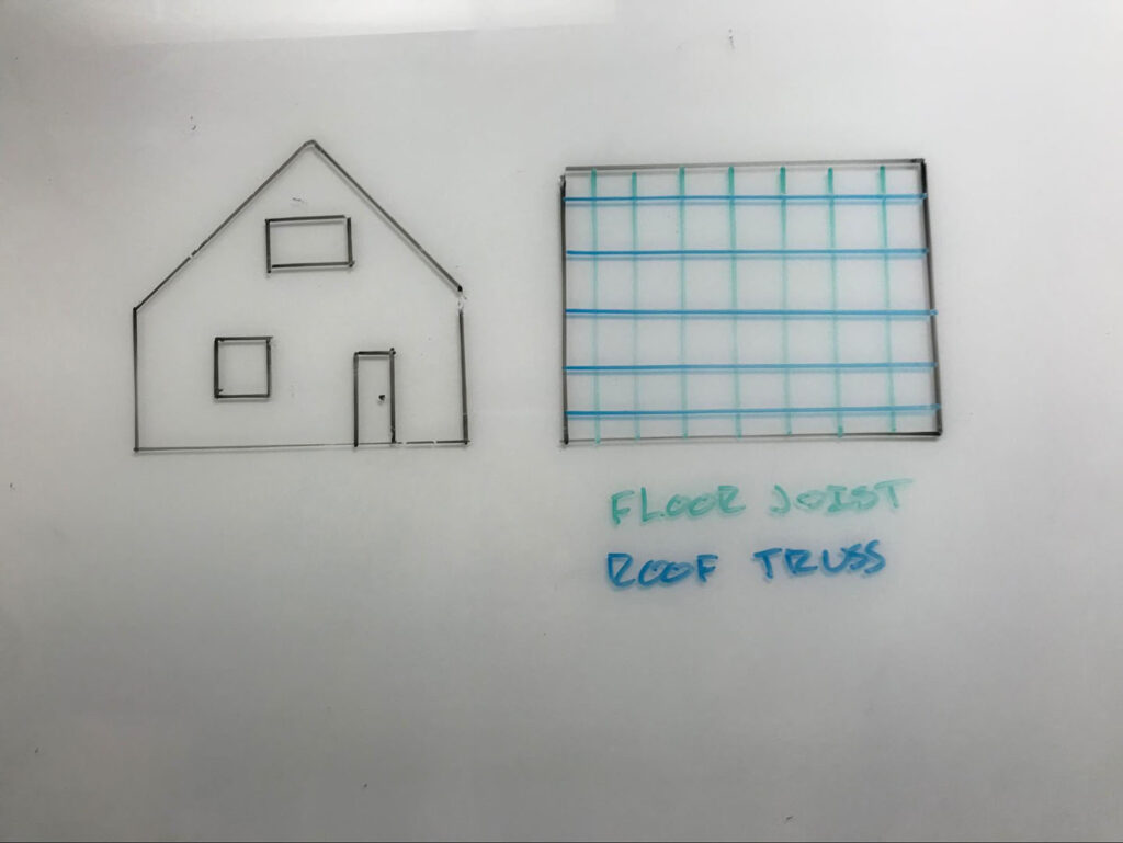 a house that has floor joists and roof trusses running perpendicular to each other