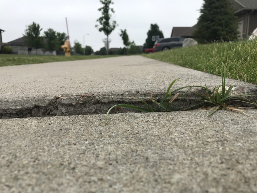 Cracked and uneven sidewalk.