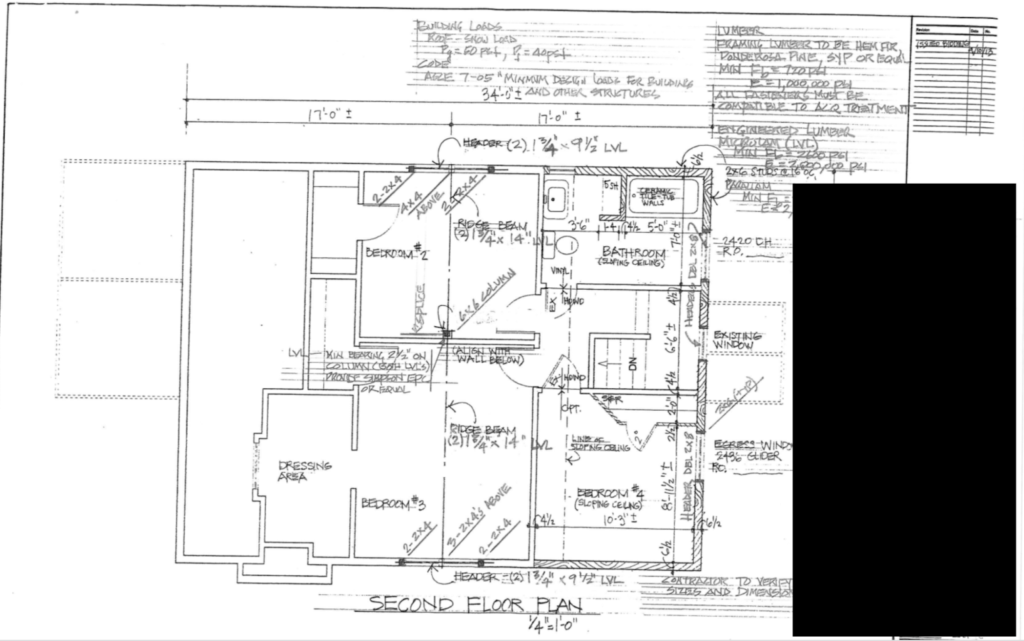 Example of part of a building plan with structural details included via red-lining