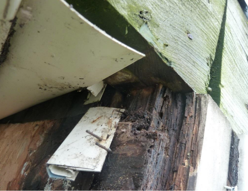 Outer beam only resting on 1⁄2 inch of post with rotting present. Clearly maintenance was ignored (there may have been construction defects that led to this as well). 
